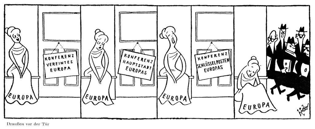 Cartoon by Hicks on the implementation of the Rome Treaties (11 January 1958)