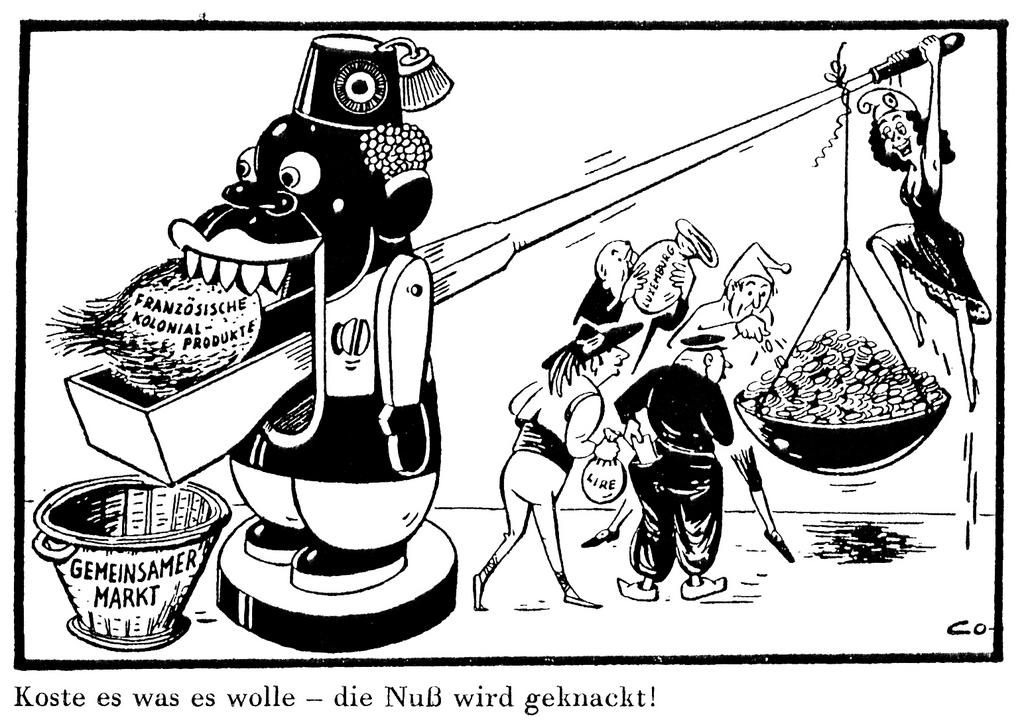 Karikatur von Conrad zu den Haushaltsfragen im Zusammenhang mit der Assoziierung der ÜLG mit dem Gemeinsamen Markt (21. Februar 1957)