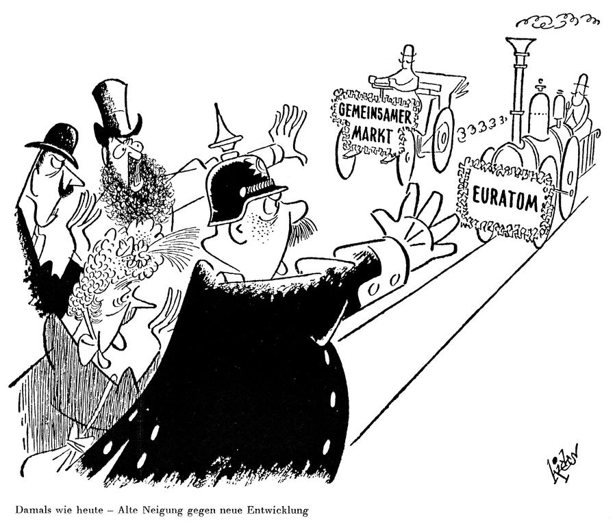 Cartoon by Hicks on the fears engendered by the Rome Treaties in Europe (28 February 1957)