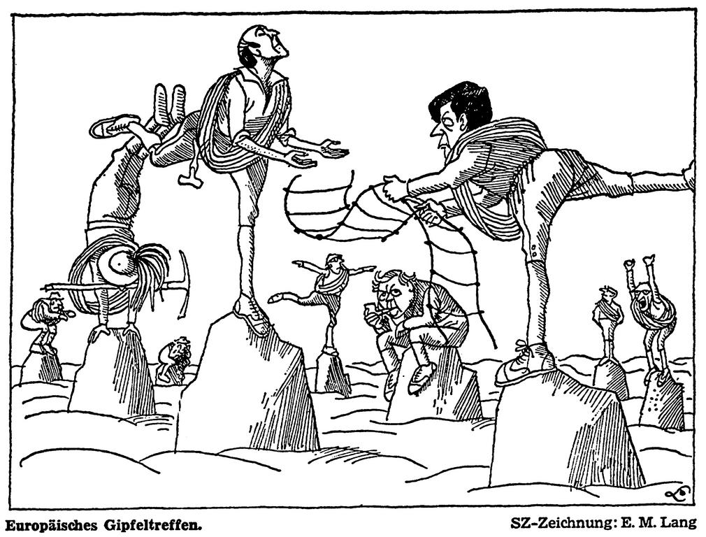 Karikatuur van Lang over de topconferentie van Parijs (11 december 1974)