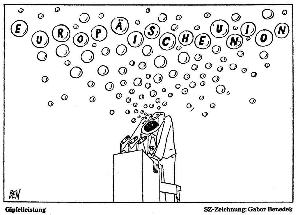 Cartoon by Benedek on the Luxembourg European Council (3 December 1985)
