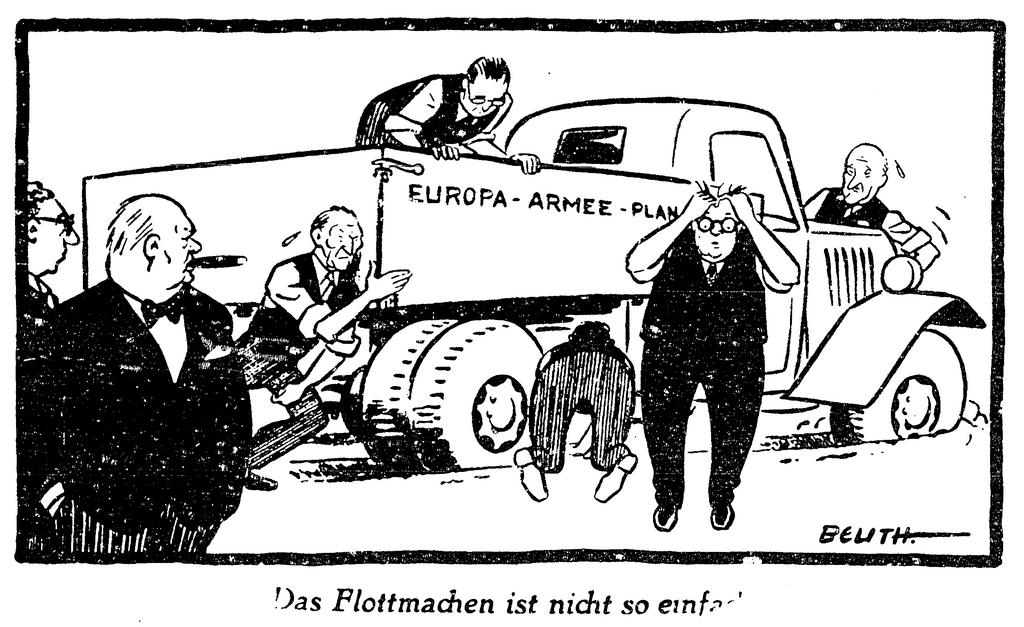 Cartoon by Beuth on the negotiations for a European army (12 December 1951)