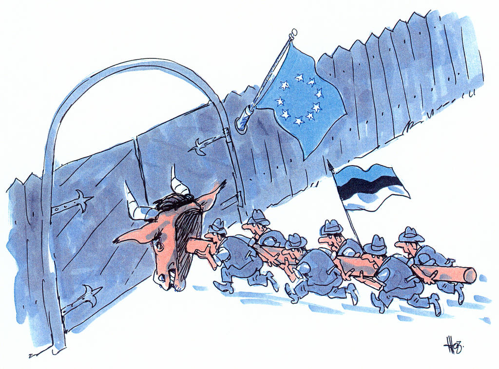 Caricature d'Hübus sur l'adhésion de l'Estonie à l'UE (2004)