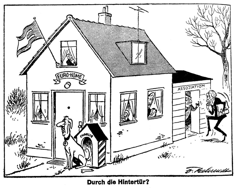 Karikatuur van de toetreding van het Verenigd Koninkrijk tot de Europese Gemeenschappen, door Behrendt (22 februari 1963) 