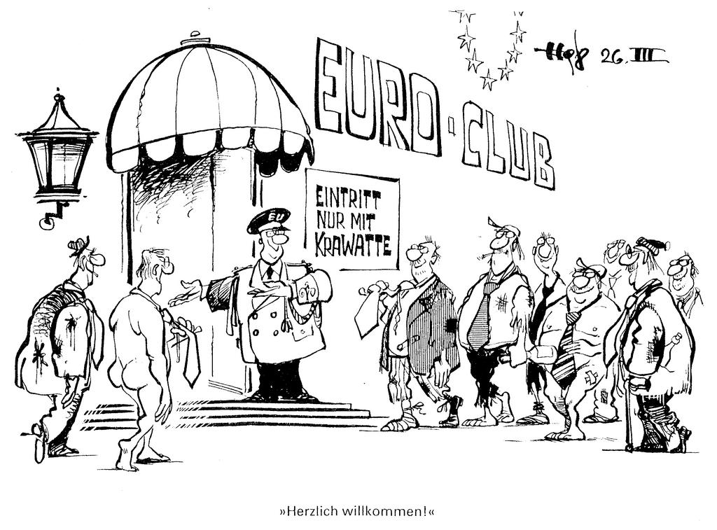 Cartoon by Haitzinger on the conditions required for the adoption of a single currency (26 March 1998)