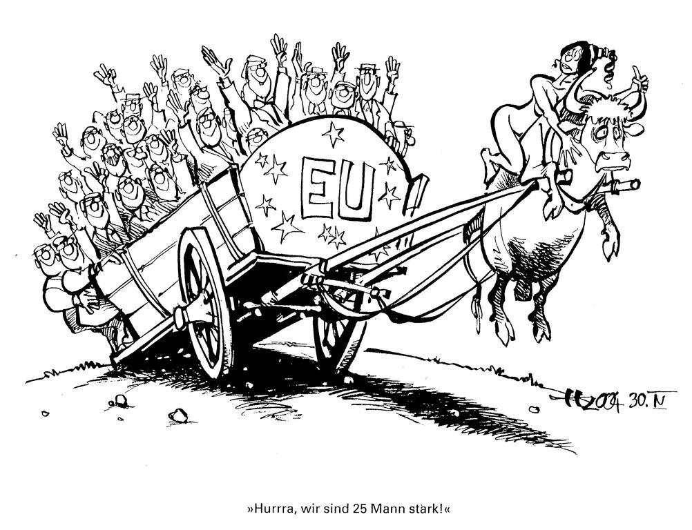 Karikatuur van de uitbreiding van de EU, door Haitzinger (30 april 2004)