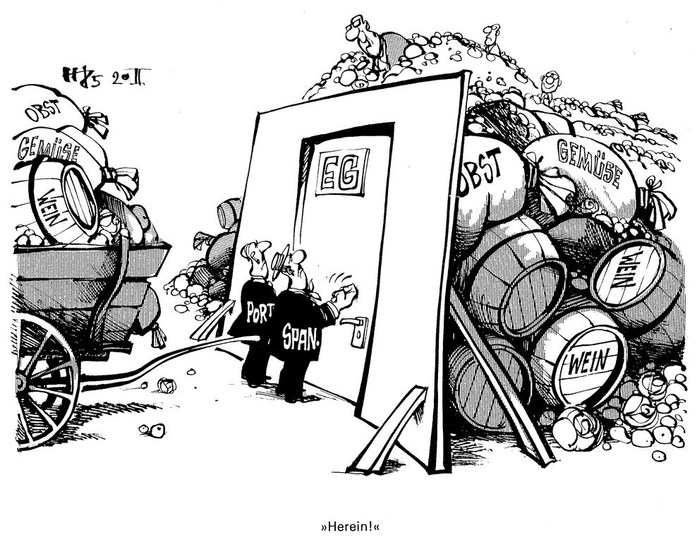 Caricature d'Haitzinger sur la question des produits agricoles ibériques (20 février 1985)