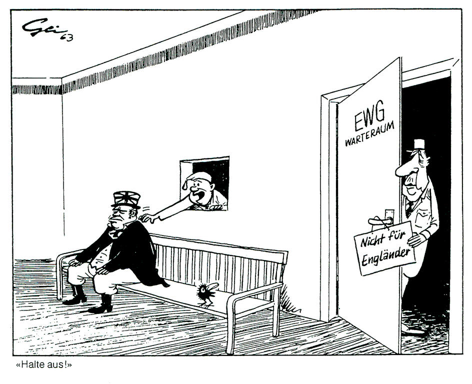 Caricature de Geisen sur le veto du général de Gaulle à l'encontre de la demande d'adhésion britannique à la CEE (1963)