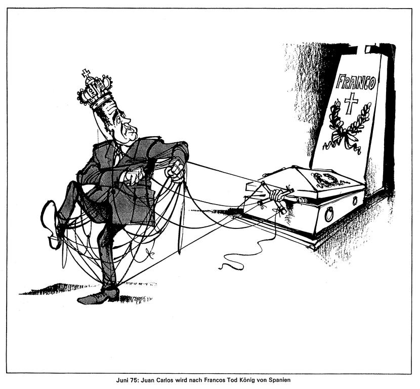 Cartoon by Haitzinger on Juan Carlos succeeding Franco (June 1975)