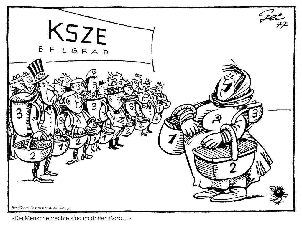 Cartoon by Geisen on the meeting of the CSCE held in Belgrade and human rights (1977)