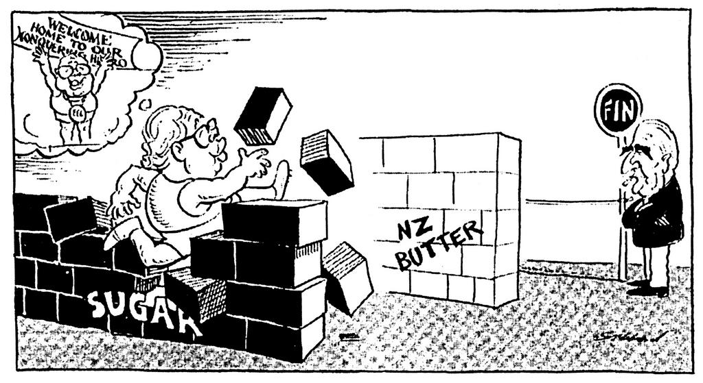 Cartoon by Gibbard on the issue of agricultural products from the Commonwealth (14 May 1971)