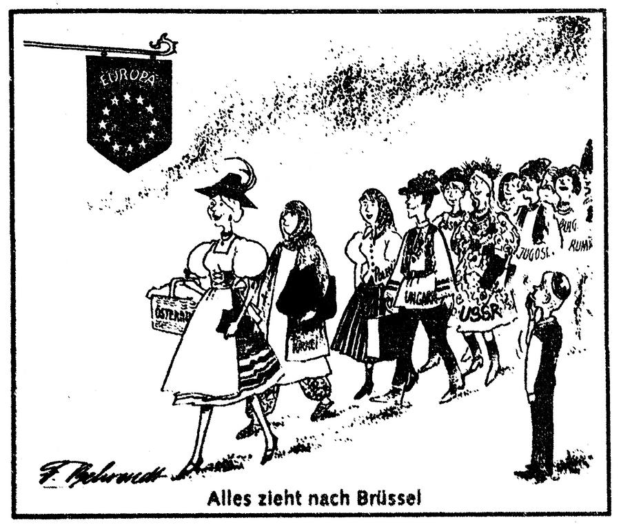 Karikatur von Behrendt zum Beitrittsgesuch Österreichs zu den Europäischen Gemeinschaften (15. Juli 1989)