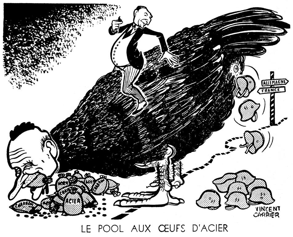 Cartoon by Carrier on the risks involved in the Schuman Plan (5 December 1951)