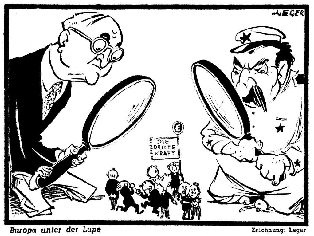 Karikatur von Leger über den Platz des geeinten Europas in der Welt (13. Juni 1950)
