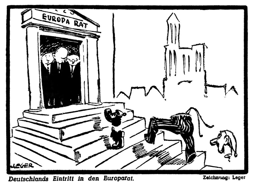 Cartoon by Leger on the accession of the FRG to the Council of Europe (25 May 1950)