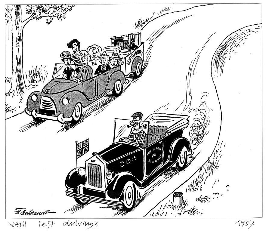 Karikatur von Behrendt über das Vereinigte Königreich und den Gemeinsamen Markt (1957)