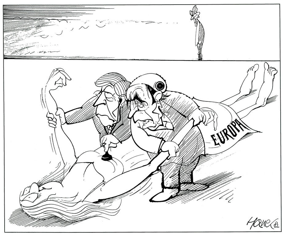 Caricature de Hanel sur l'action européenne du couple franco-allemand (17 mai 1982)