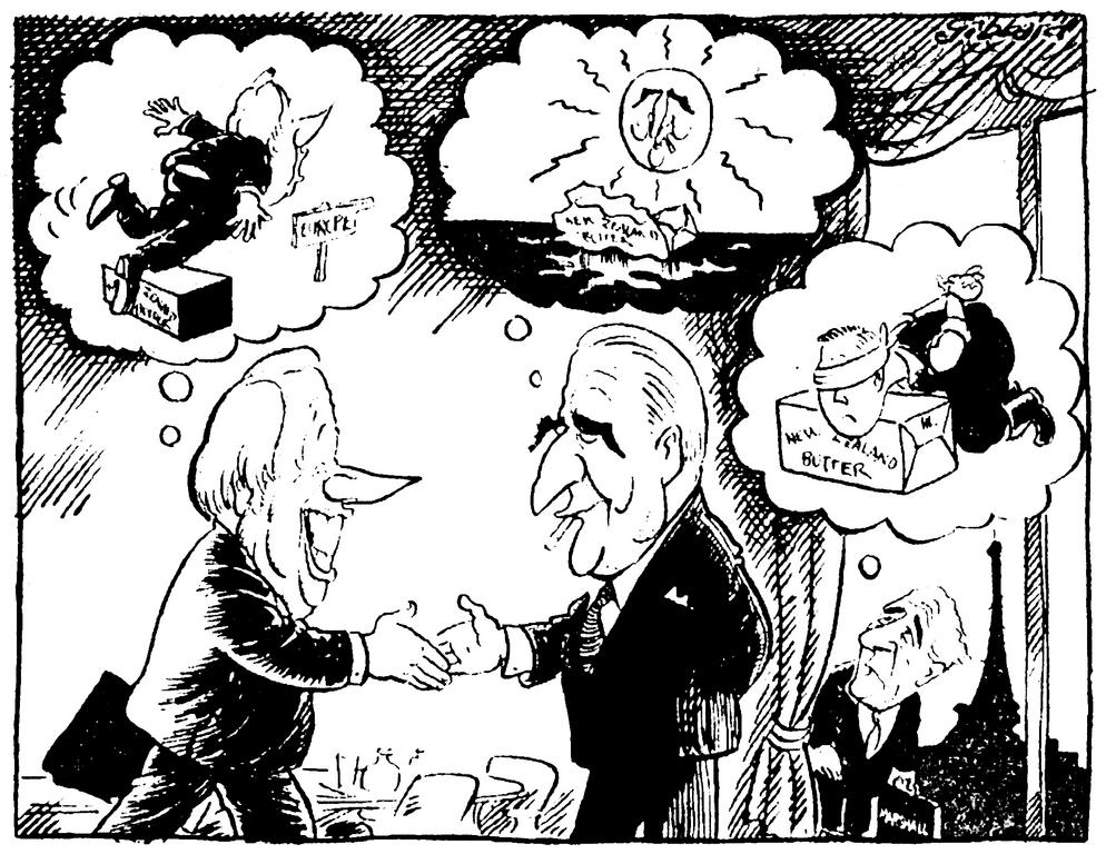 Cartoon by Gibbard on the negotiations on New Zealand butter (18 May 1971)