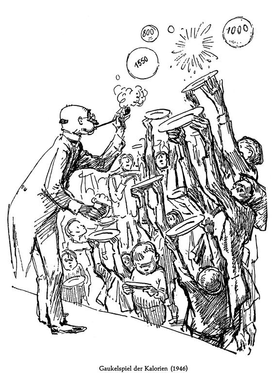 Karikatur von Szewczuk zur Lebensmittelknappheit in Deutschland (1946)