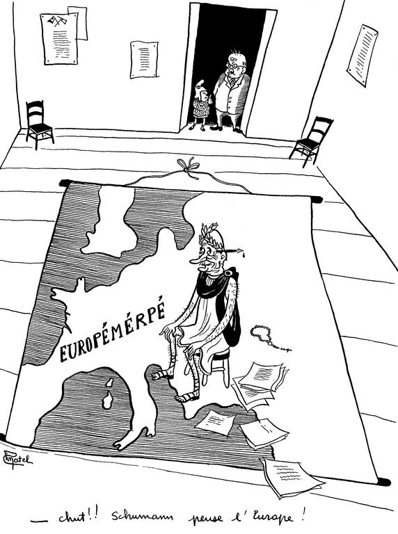 Karikatur von Pinatel über Robert Schuman und die europäische Integration (August 1949)