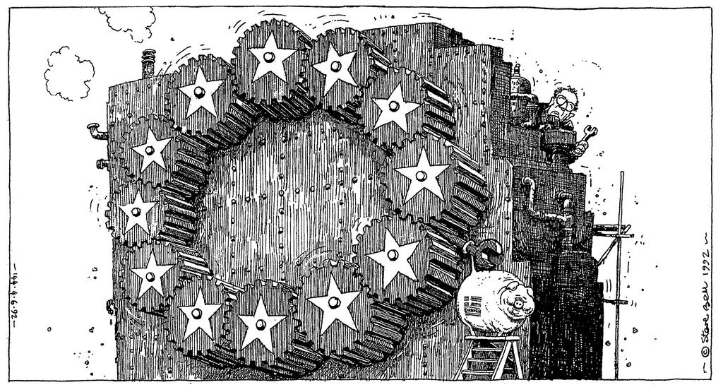 Caricature de Steve Bell sur le référendum danois relatif à la ratification du traité de Maastricht (4 juin 1992)