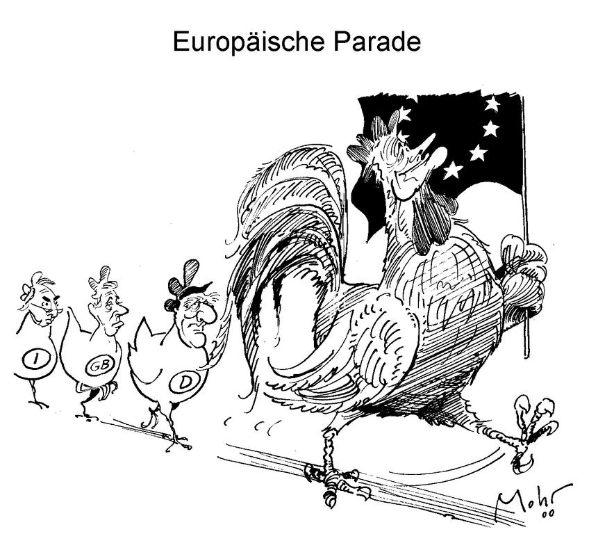 Karikatur von Mohr zu den Herausforderungen auf der Tagung des Europäischen Rates in Nizza (12. Dezember 2000)