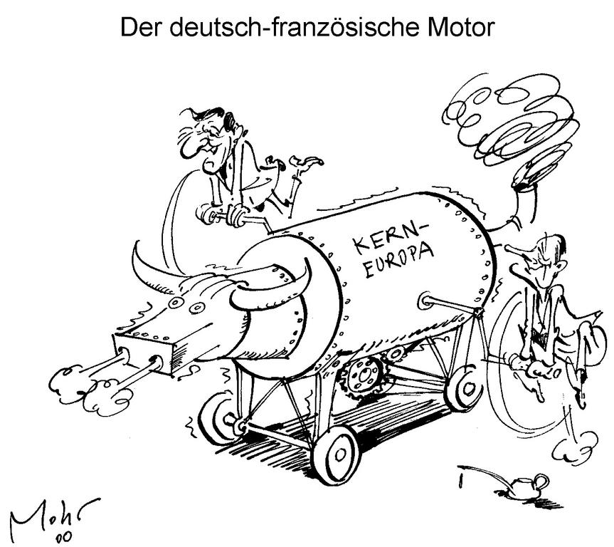 Cartoon by Mohr on the action taken by the Franco-German duo in support of European integration (May–June 2000)