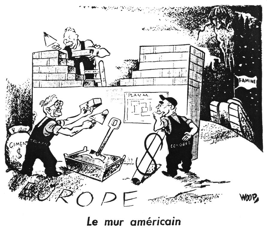 Cartoon by Woop on implementation of the Marshall Plan (4 October 1947)