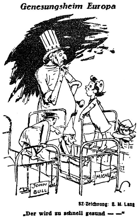 Karikatur von Lang zum wirtschaftlichen Wiederaufbau Westdeutschlands (9. November 1948)