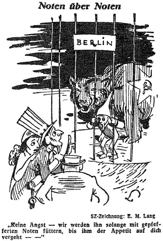 Caricature de Lang sur la position des États-Unis, de la France et du Royaume-Uni face au blocus de Berlin (17 juillet 1948)