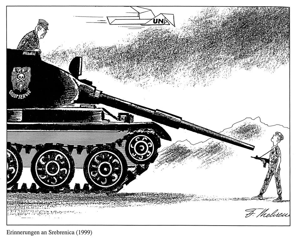 Cartoon by Behrendt on the powerlessness of UN forces in Srebrenica (1999)
