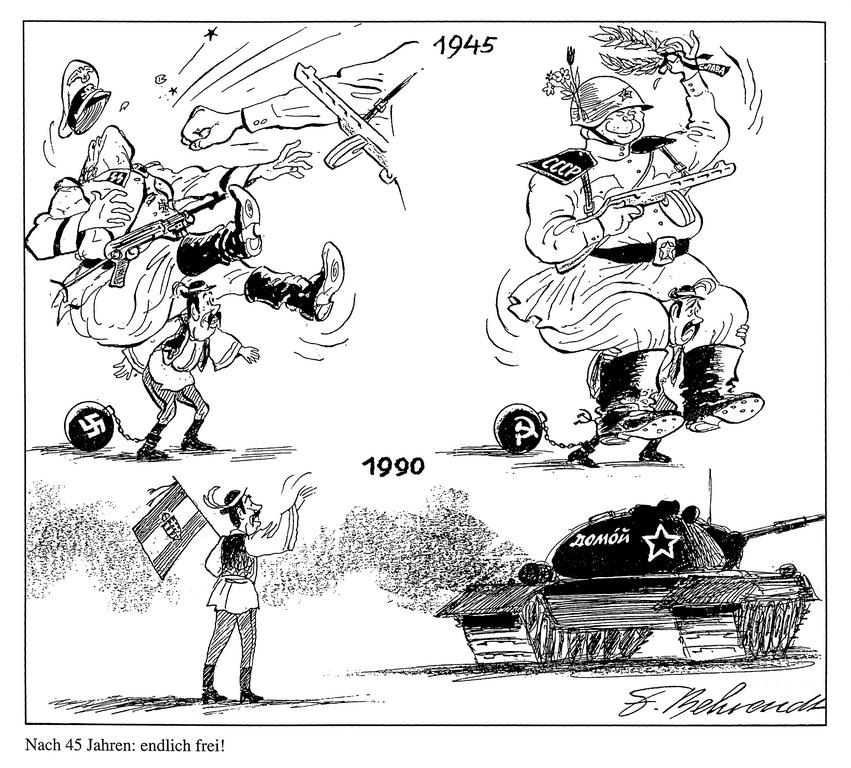 Cartoon by Behrendt on the end of totalitarianism in Hungary