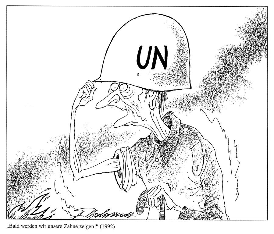 Cartoon by Behrendt on the United Nations’ helplessness at the beginning of the conflict in Yugoslavia (1992)