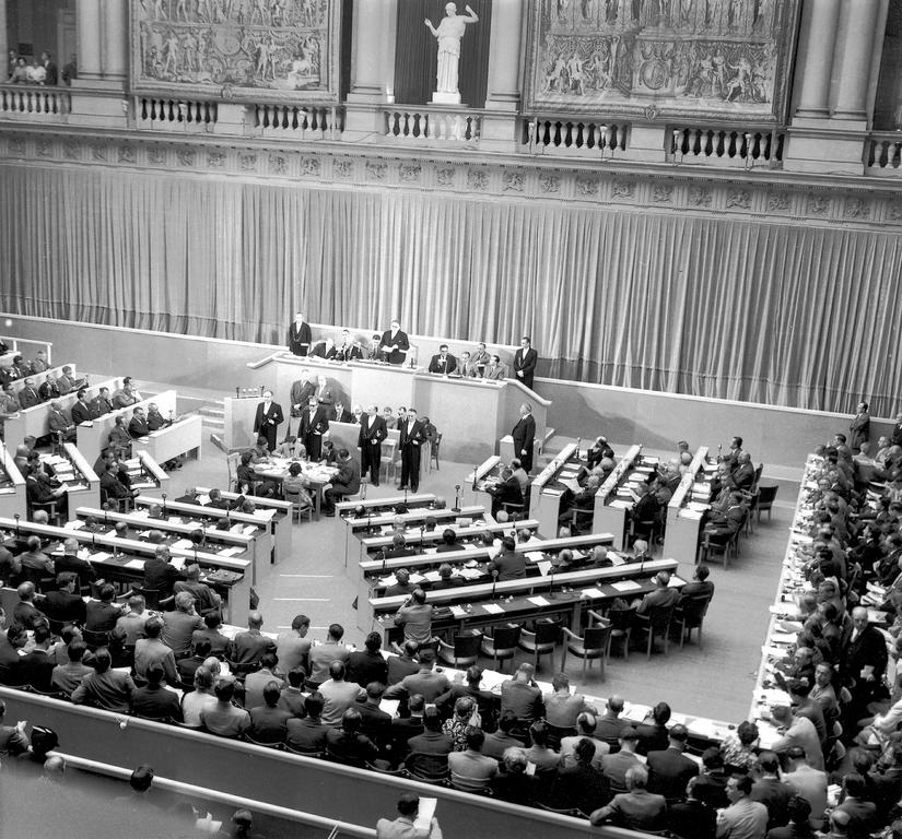 First session of the Consultative Assembly of the Council of Europe in the hall of Strasbourg University (Strasbourg, 10 August 1949)