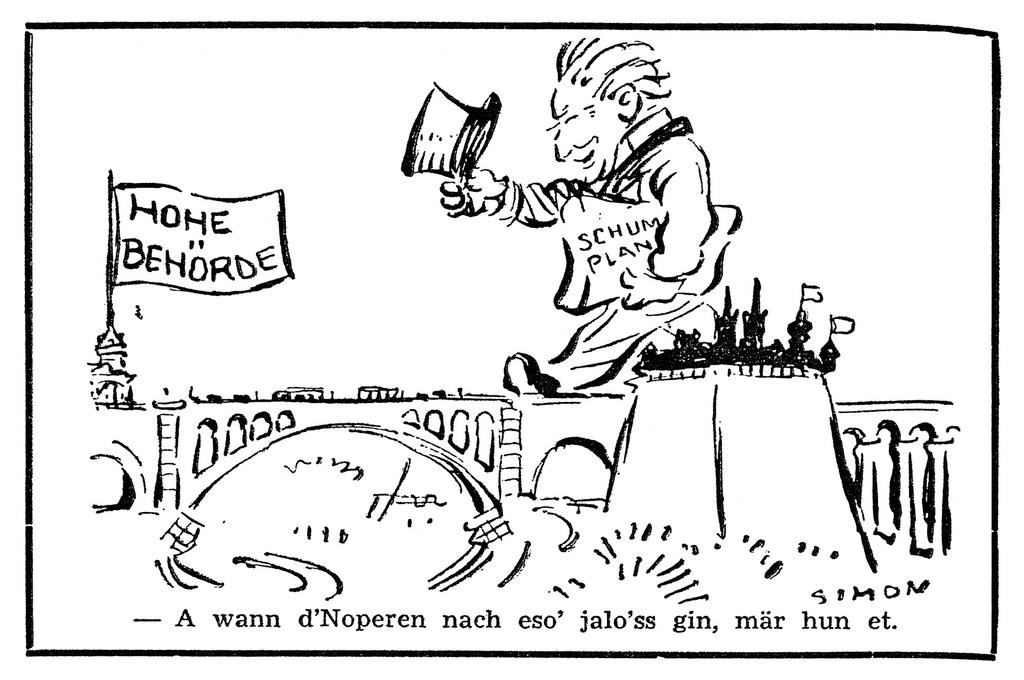 Karikatur von Simon zum Sitz der Hohen Behörde in Luxemburg (4. Oktober 1952)