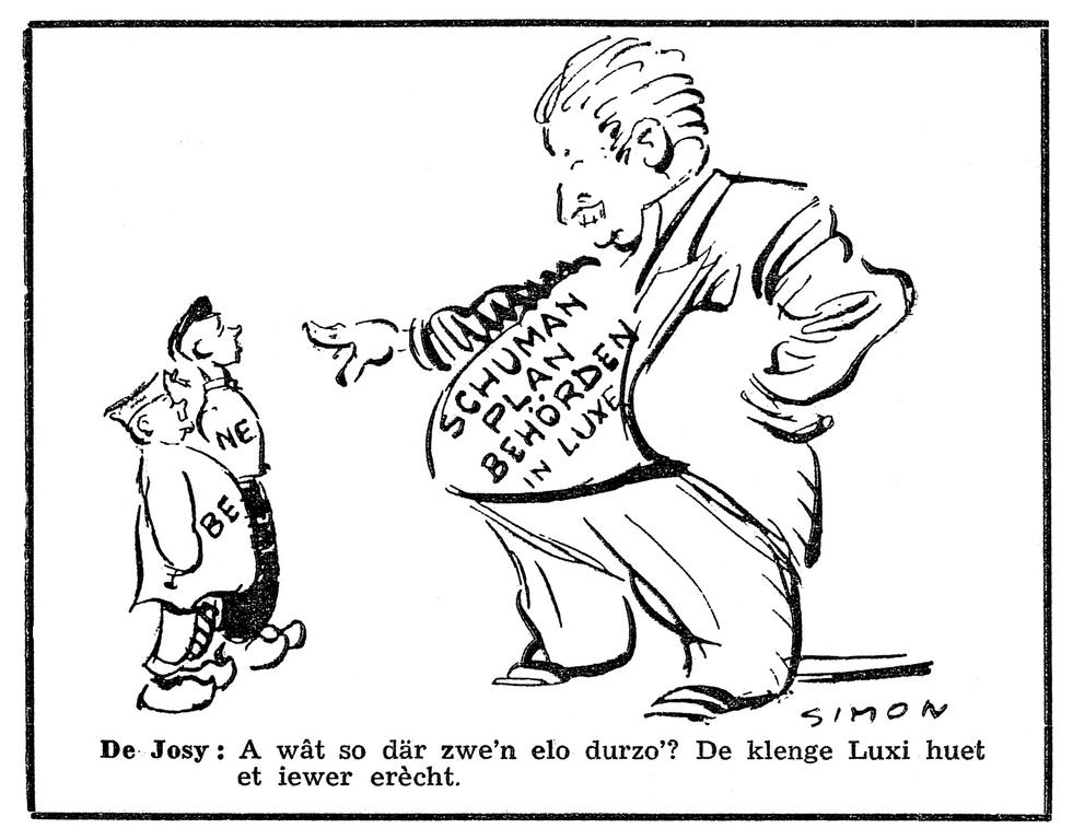 Karikatur von Simon zur Rolle Joseph Bechs bei der Verlegung des Sitzes der EGKS nach Luxemburg (16. August 1952)