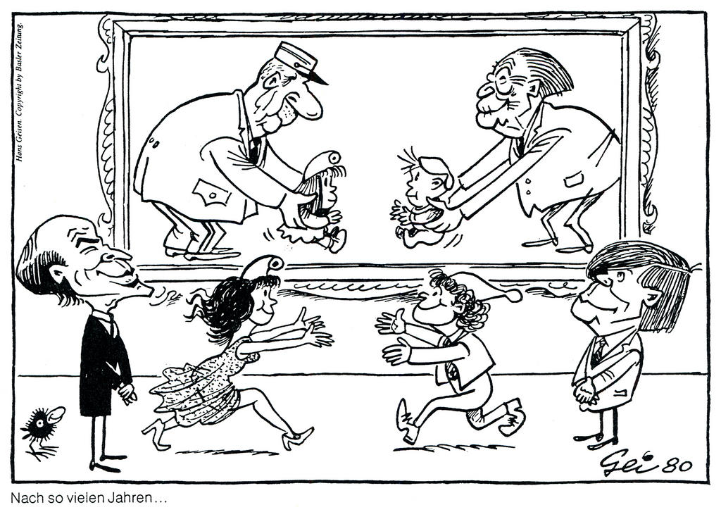 Caricature de Geisen sur le rapprochement franco-allemand sous Valéry Giscard d'Estaing et Helmut Schmidt (1980)
