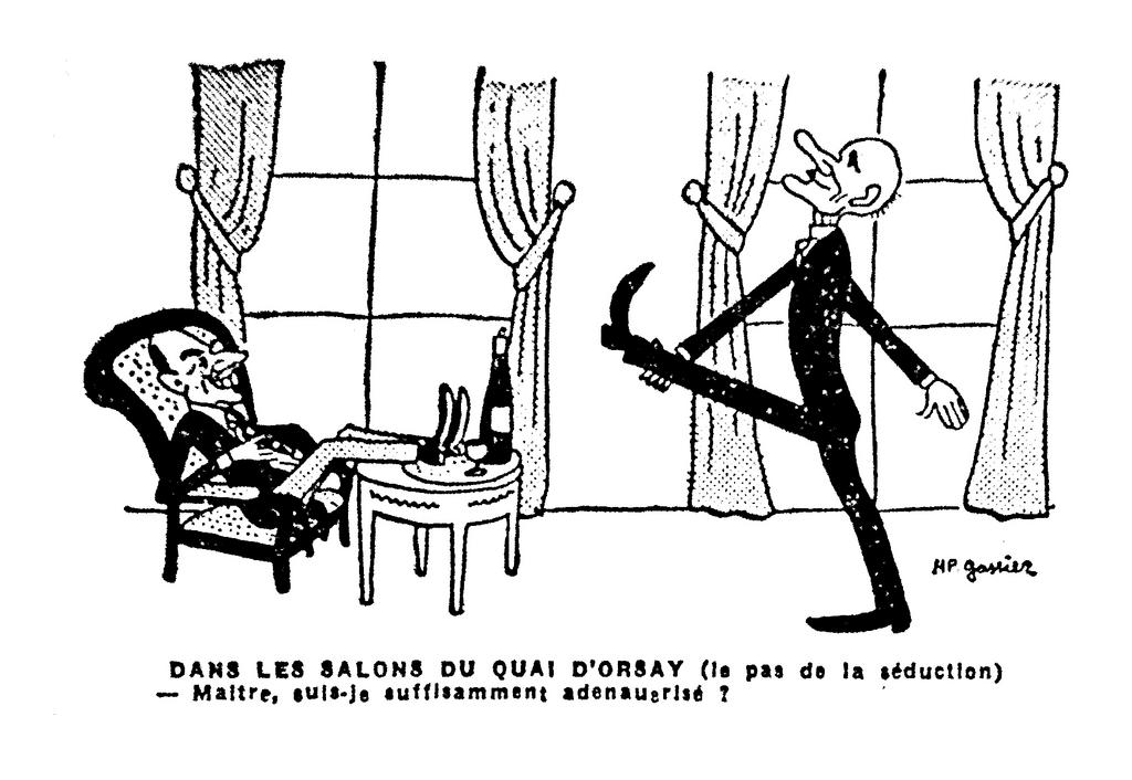 Caricature de Gassier dénonçant le plan Schuman et le rôle joué par les États-Unis (11 mai 1950)
