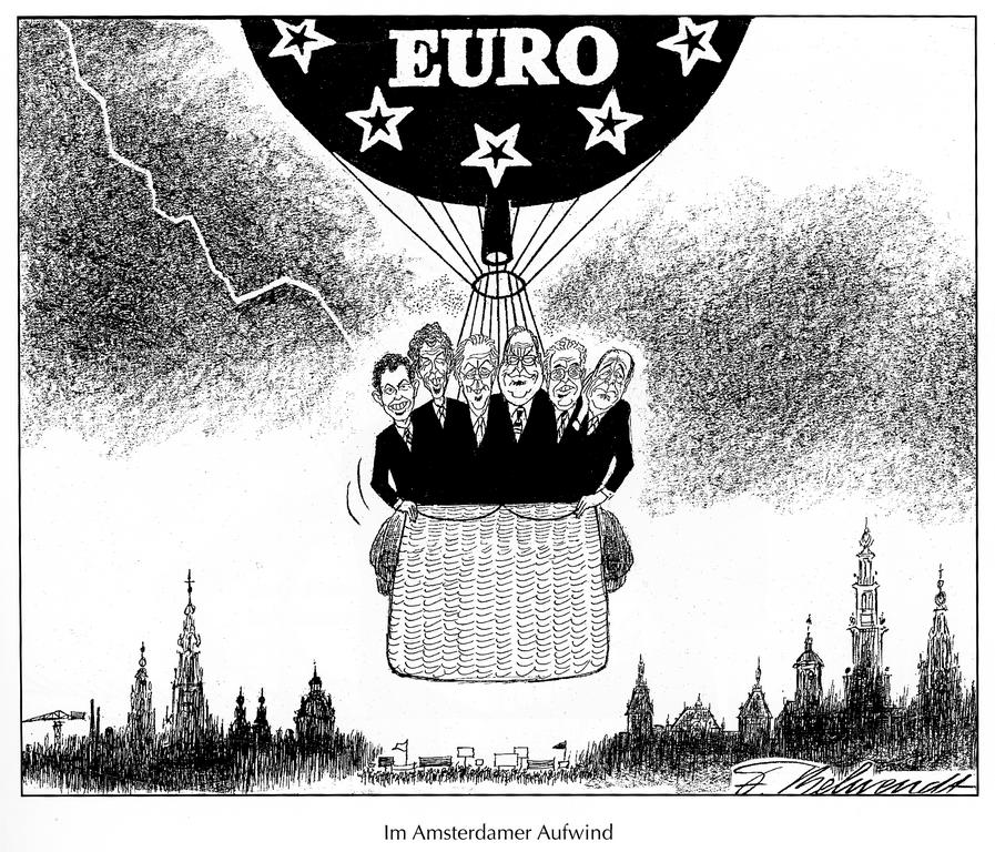 Karikatur von Behrendt über die Herausforderungen des Vertrags von Amsterdam (1997)