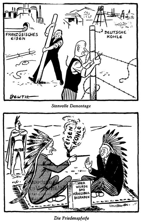 Karikaturen von Beuth zur Bedeutung des Schuman-Plans für die deutsch-französische Annäherung (11. und 17. Mai 1950)