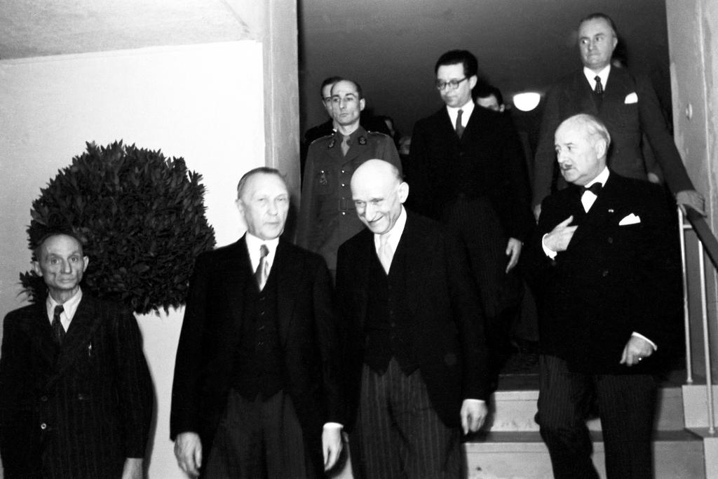 Konrad Adenauer, Robert Schuman und Theodor Heuss (Bonn, 13. Januar 1950)