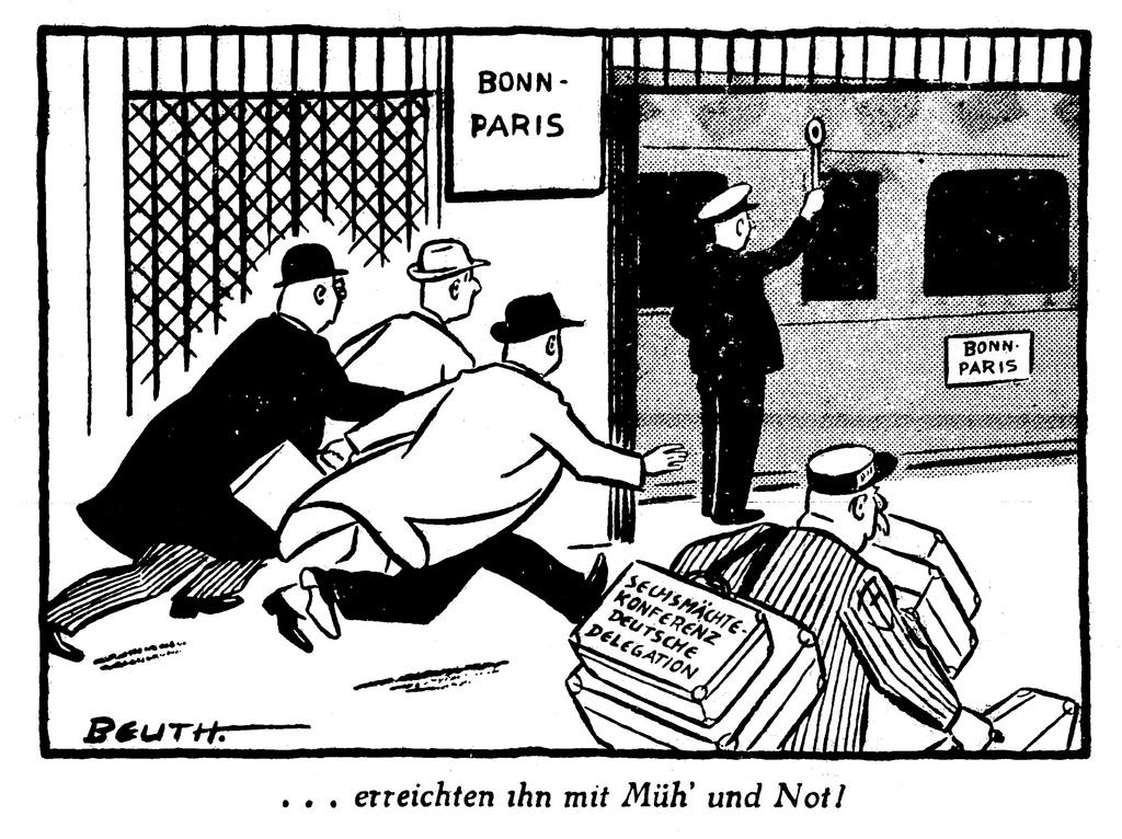 Cartoon by Beuth on German participation in the negotiations on the Schuman Plan (19 June 1950)