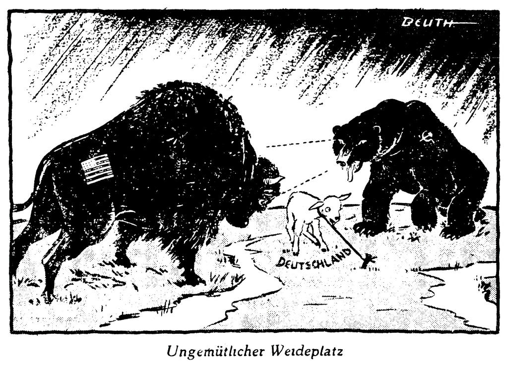Caricature de Beuth sur la situation de l'Allemagne face aux tensions Est-Ouest (25 avril 1950)