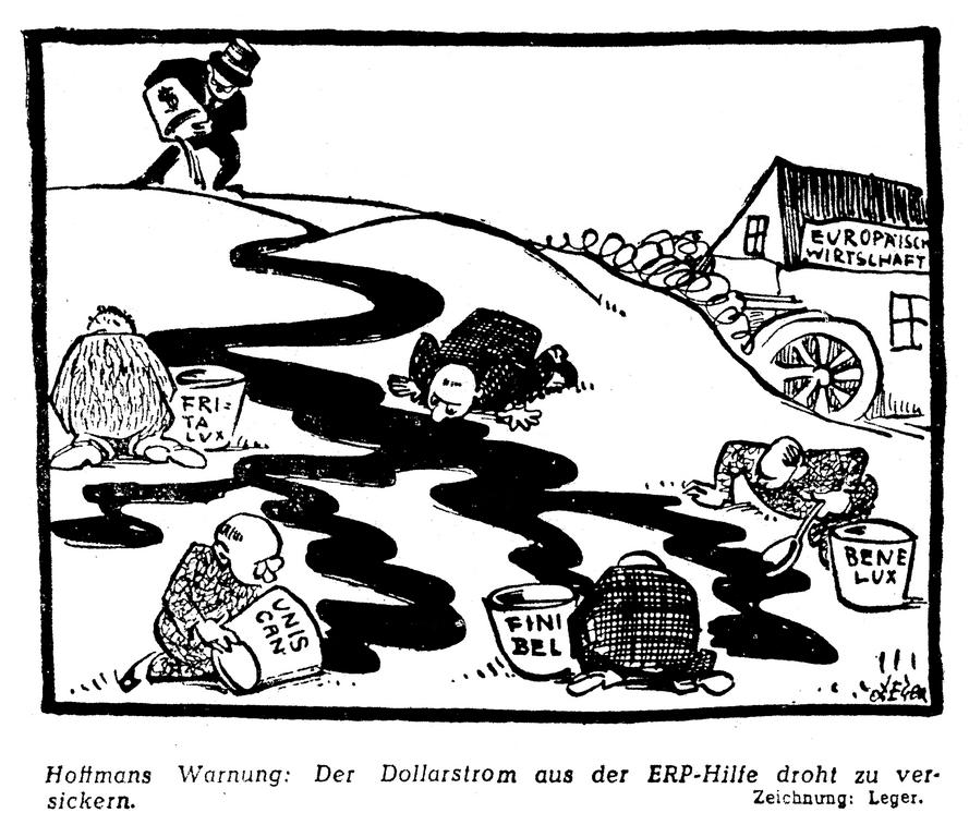 Karikatur von Leger zur amerikanischen Reaktion auf den schleppenden Einigungsprozess in Europa (5. Januar 1950)