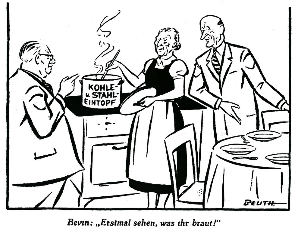 Cartoon by Beuth on British hesitations over the Schuman Plan (30 May 1950)