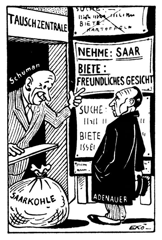 Karikatur von Ekö zur Lösung der Saarfrage (18. Januar 1950)