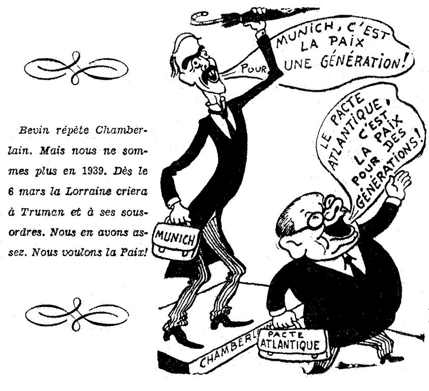Caricature communiste française contre la mise en place d'un Pacte atlantique (26 février 1949)