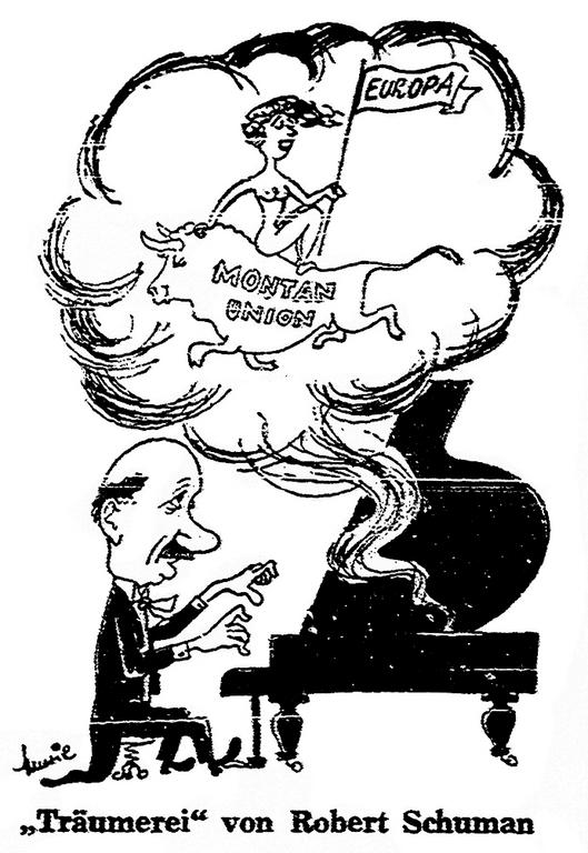 Caricature de Mussil sur la mise en place du plan Schuman (22 juin 1950)