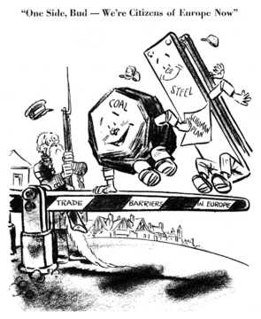 Karikatur von Herblock zur anstehenden Gründung einer Europäischen Gemeinschaft für Kohle und Stahl (25. März 1951)