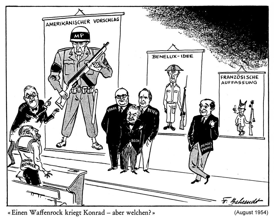 Karikatur von Behrendt zur Frage der Wiederaufrüstung der BRD (August 1954)